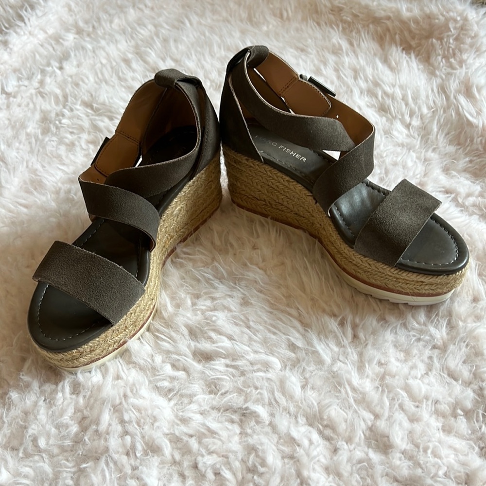 EUC Marc Fischer, suede, platform wedge sandals